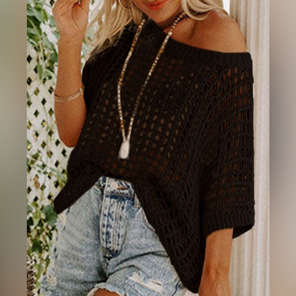 Black Open Weave Crochet Knit Fish net Drop Shoulder Top - Picture 6 of 15